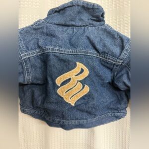 Vintage Y2K Rocawear Infant Denim Jacket tan suede etched RW on back Sz 0-6m
